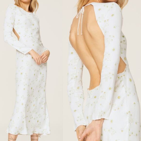 THE THIRD FORM Satin Wild Flower Daisy Long Sleeve Open Back Dress US 8 - Picture 1 of 14